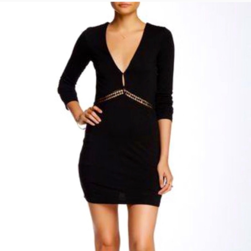 Gypsy 05 Solid Black Crochet Detail Plunging V-Neck Long Sleeve Dress XS
